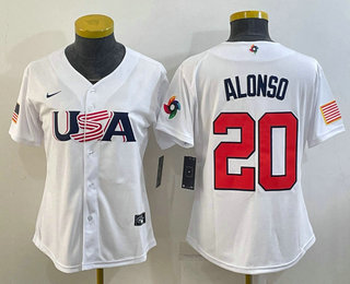 Womens USA Baseball #20 Pete Alonso 2023 White World Classic Stitched Jersey